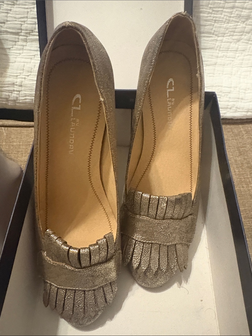 CL by Laundry Metallic Taupe Fringe Heels